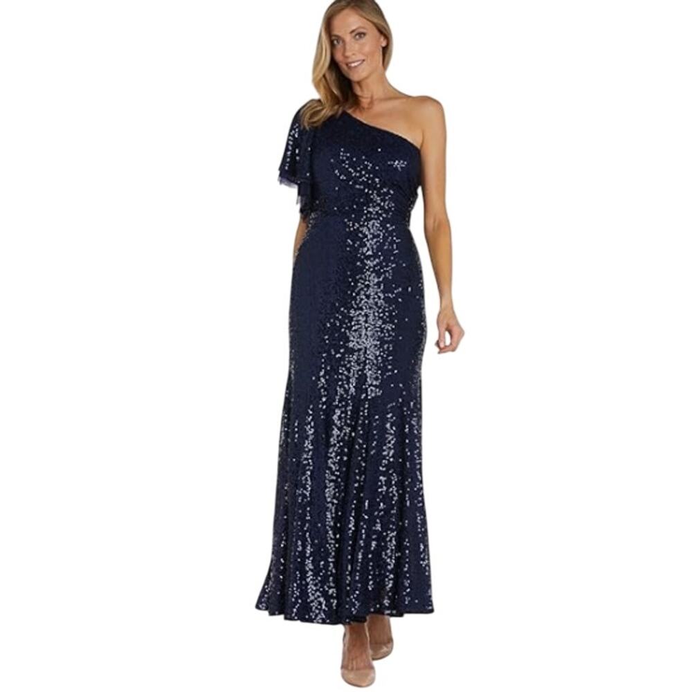 NW Nightway One Shoulder Sequin Formal Gown Navy Blue 6 NWT